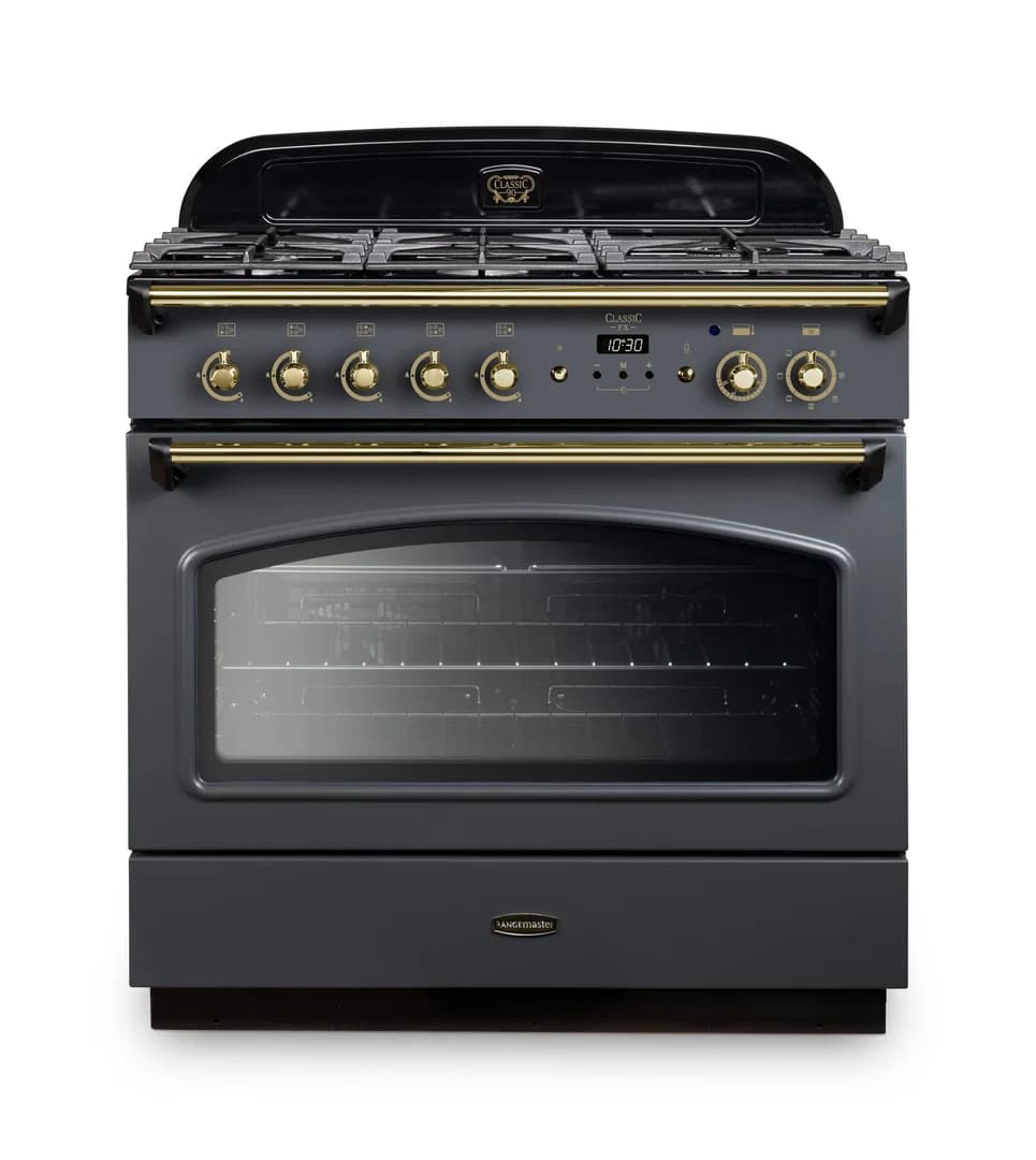 Rangemaster Classic FX 90 Dual Fuel 90cm Range Cooker | Slate with Brass Trim