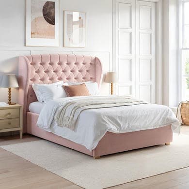 Pink Velvet - End-Lift Ottoman Storage Bed with Winged Headboard - Safina