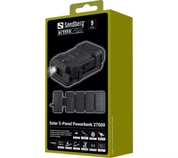 SANDBERG 27000 mAh Portable 5-Panel Solar Power Bank - Black
