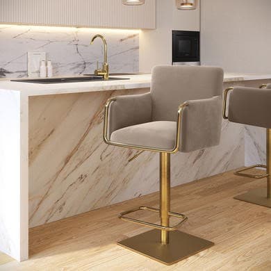 Beige - Velvet Adjustable Swivel Bar Stools with Gold Base - Sonny