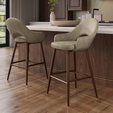 Set of 2 Walnut and Beige Faux Leather Kitchen Stools with Back - Colbie