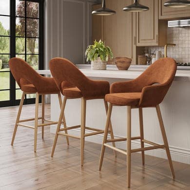 Set of 3 Oak and Burnt Orange Upholstered Kitchen Stools with Back - Colbie