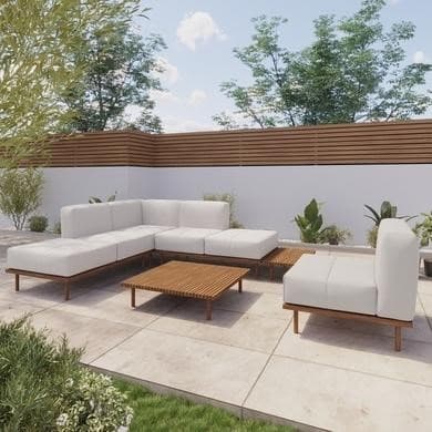 6 Seater Beige Modular Garden Corner Sofa Set in Wood Effect with Square Coffee Table