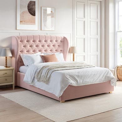 Pink Velvet - End-Lift Ottoman Storage Bed with Winged Headboard - Safina