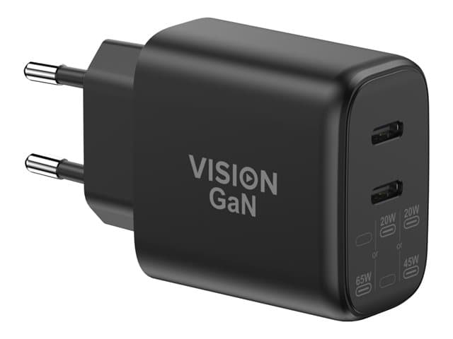 VISION - USBC Dual Fast Charger with EU Plug adapter - dual USB C socket - from MFI certified factory - Interchangeable EU CEE 7/7 schuko plug and UK plug included - outputs 65 w from main port - if second port used output drops to 45 w and second port outputs 10