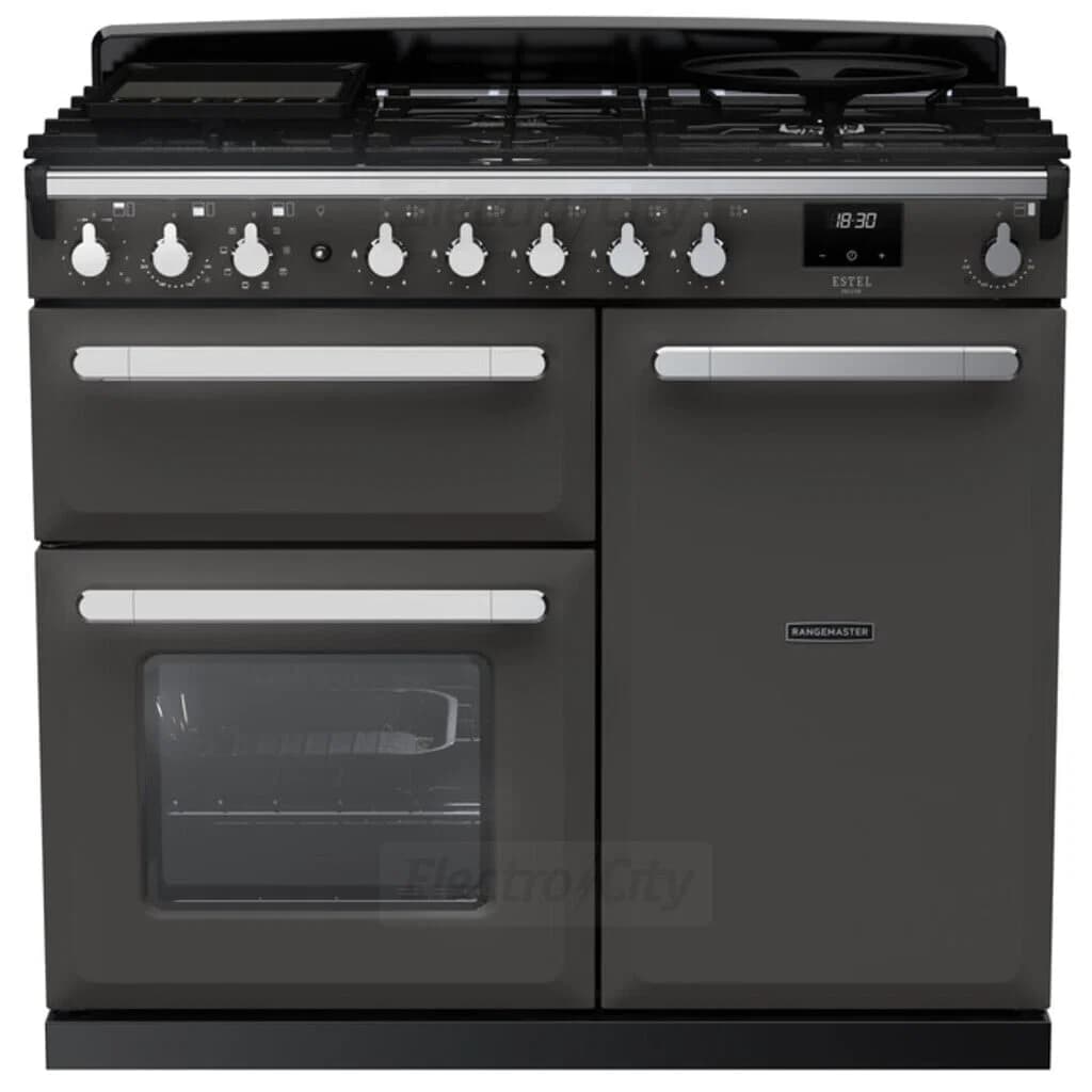 Rangemaster Estel Deluxe 100cm Dual Fuel Range Cooker | Slate with Chrome Trim