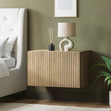 Wide Oak Floating Bedside Table with Storage - Hazel