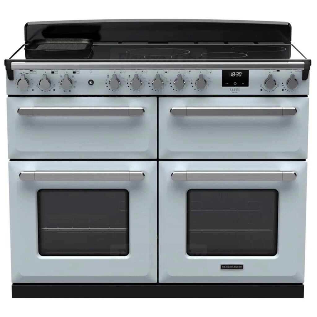 Rangemaster Estel Deluxe 110cm Induction Range Cooker with Slow Cook Oven | Misty Blue with Chrome Trim