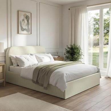 Cream Sage Striped - Upholstered End-lift Ottoman Storage Bed - Zara