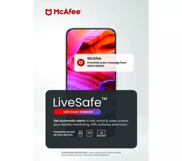 MCAFEE LiveSafe with new Scam Detector - 1 year (automatic renewal) for unlimited devices