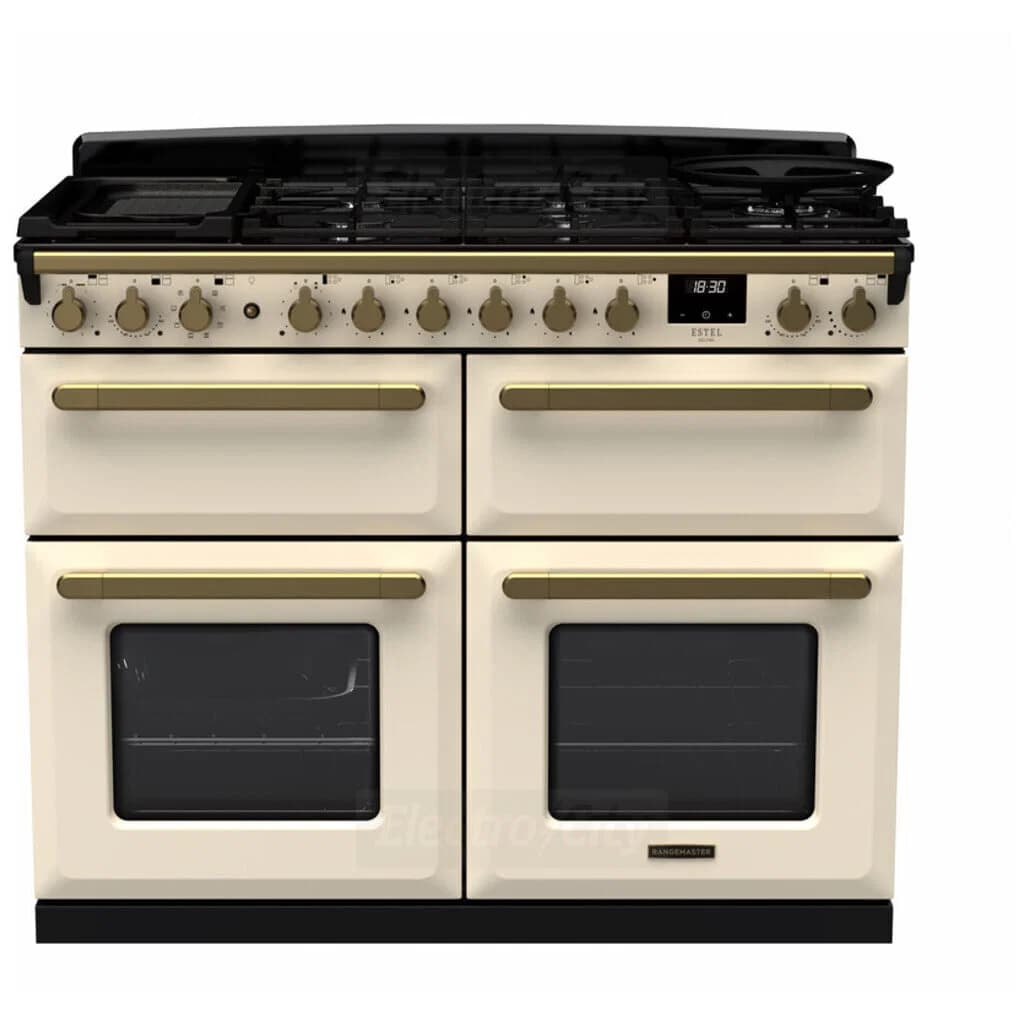 Rangemaster Estel Deluxe 110cm Dual Fuel Range Cooker with Slow Cook Oven | Pale Cream with Brass Trim