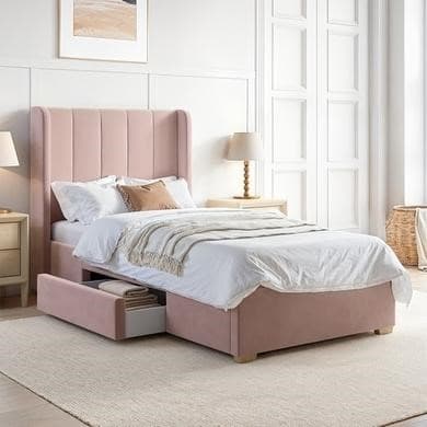 Pink Velvet Single Bed Frame with Storage Drawer - Phoebe