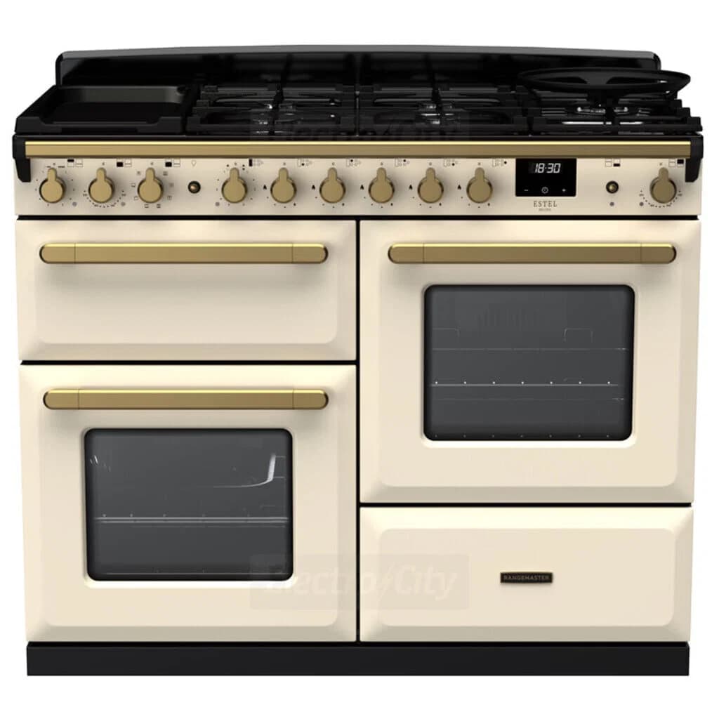Rangemaster Estel Deluxe 110cm Dual Fuel Range Cooker | Pale Cream with Brass Trim