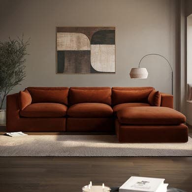 Large Burnt Orange Velvet Reversible 4 Seater Chaise Corner Sofa - Hudson