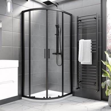900x760mm Black 8mm Glass Left Hand Offset Quadrant Shower Enclosure with Shower Tray - Pavo