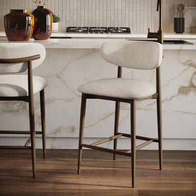 Beige and Walnut - Upholstered Curved Kitchen Counter Stools with Wooden Exposed Back - Kori