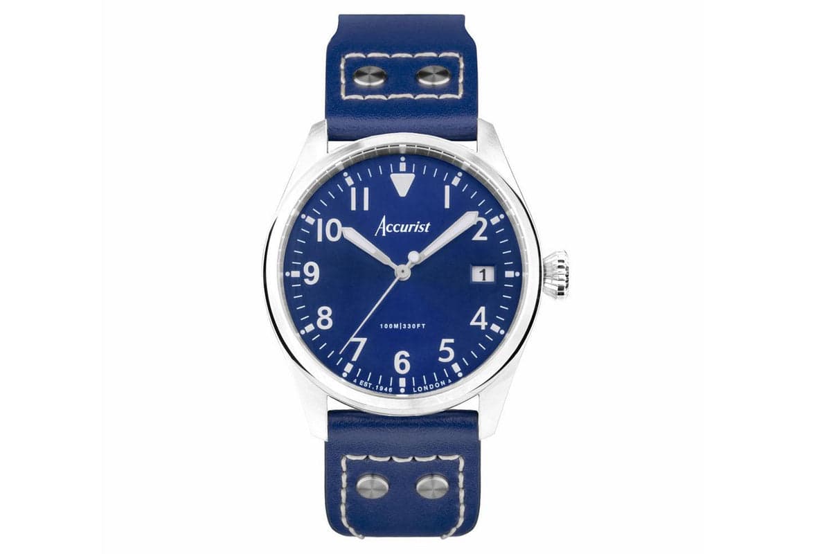 Accurist Aviation Men's Watch | Silver Case & Blue Leather Strap With Windsor Blue Dial | 41mm