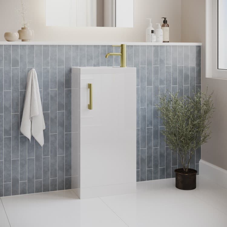 400mm White Freestanding Cloakroom Vanity Unit with Basin and Brass Handle - Ashford