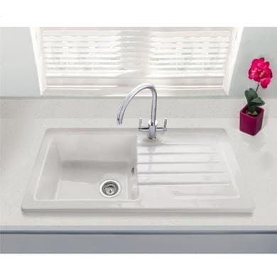 ONLY OPENED - Single Bowl Inset White Ceramic Sink with Reversible Drainer - Alexandra