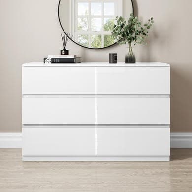 Wide White High Gloss 6 Drawer Chest of Drawers - Lyra