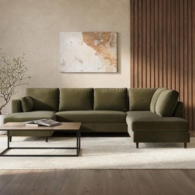 6 Seater Pull-Out U-Shape Sofa Bed with Storage in Olive Green Velvet - Boe