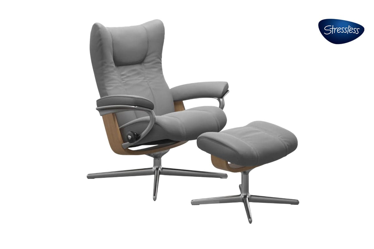 Stressless Wing Recliner Cross Base with Footstool | Leather | Dove