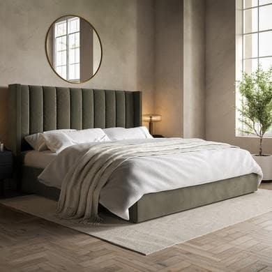 Khaki - Velvet End-Lift Ottoman Storage Bed with Winged Headboard - Maddox