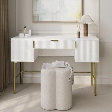 White Ribbed Dressing Table with Storage and Fold-Out Mirror - Valencia