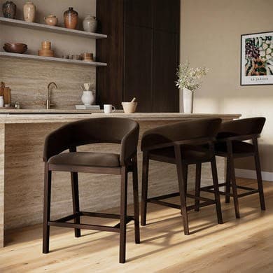 Set of 3 Walnut & Chocolate Brown Velvet Curved Kitchen Stools with Back - Owen