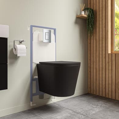 Matt Black Wall Hung Toilet with Soft Close Seat Frame Cistern and Chrome Flush - Verona