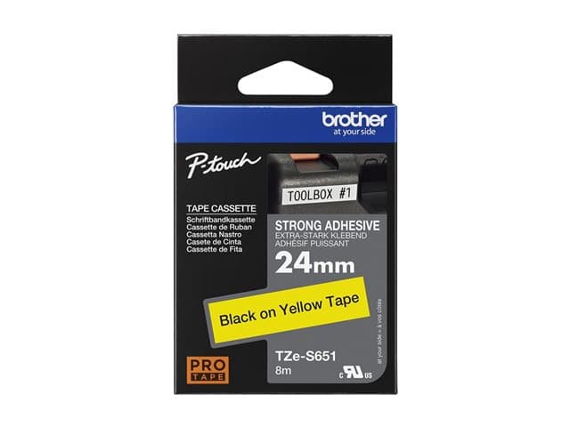 TZE-S651 LAMINATED TAPE 24MM 8MBLACK ON YELLOW EXT