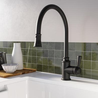 Black Single Lever Pull Out Traditional Monobloc Kitchen Mixer Tap - Enza Evelyn