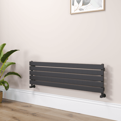 Riace Linea Midnight Black Flat Designer Radiator 350x1200mm Single Panel 1601 BTU - Horizontal Bars