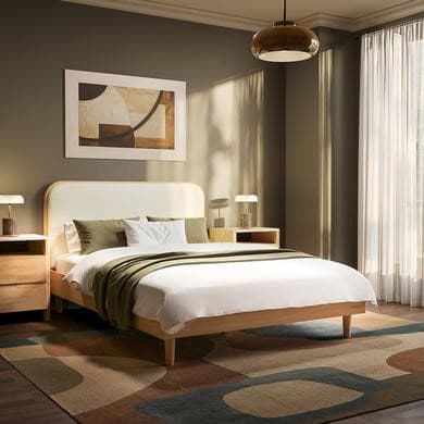 Oak - Wooden Bed Frame With Upholstered Curved headboard - Reece