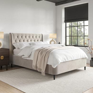 Beige - Upholstered End-Lift Chesterfield Ottoman Storage Bed with Legs - Amara