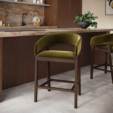 Olive green - Walnut Upholstered Curved Kitchen Stools - Owen