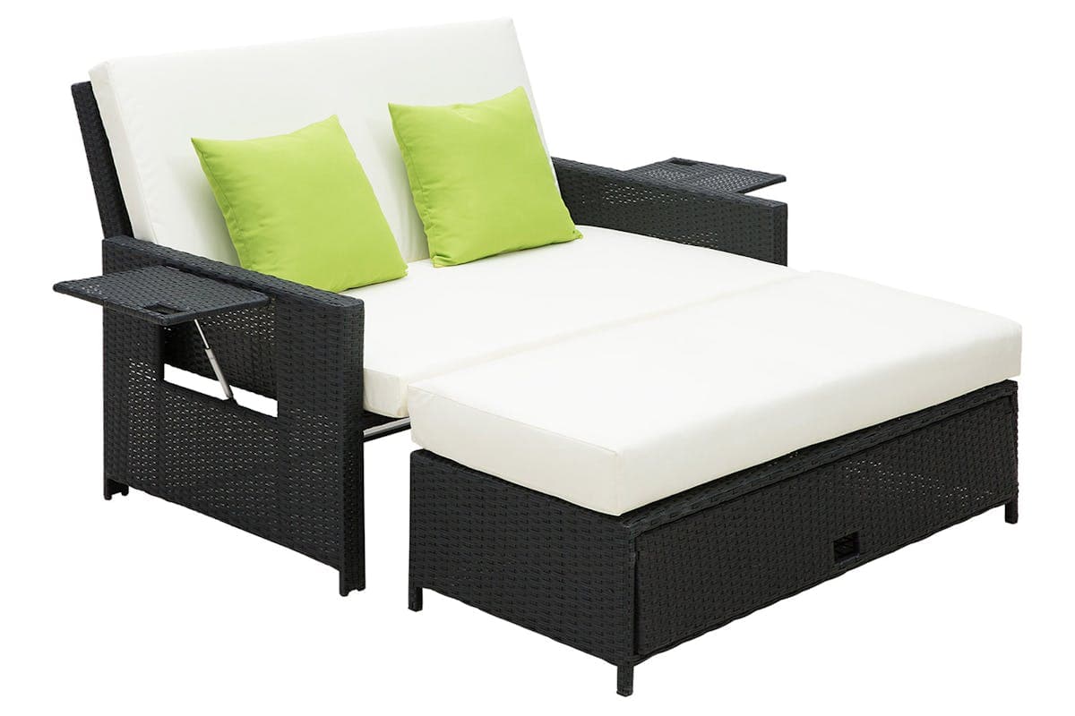 Outsunny 2 Seater Rattan Day Bed with 2 Hinged Side Table | Black