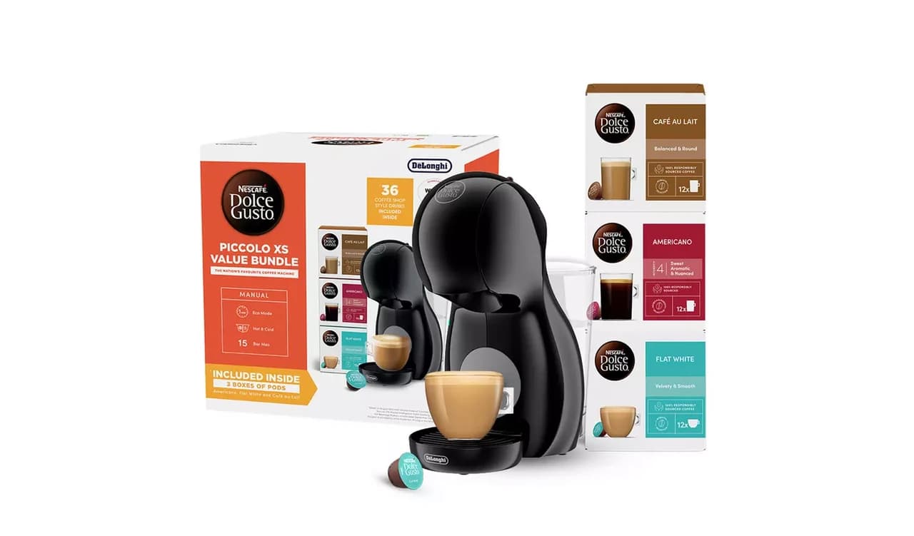 De'Longhi, EDG210.BGY+3COF, Dolce Gusto Piccolo XS Pod Coffee Machine Bundle, Black