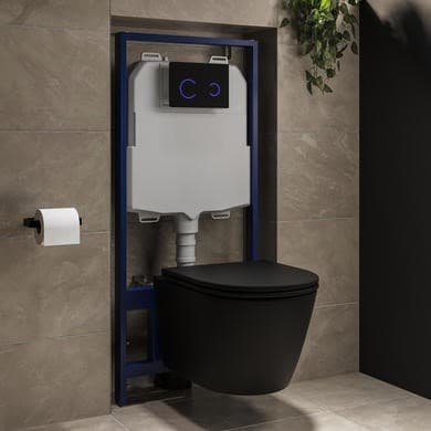 Matt Black Wall Hung Rimless Toilet with Soft Close Seat, Black Glass Sensor Flush Plate, 1168mm Frame & Cistern – Newport