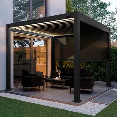 3 x 3m Heavy Duty Aluminium Charcoal Louvred Pergola with Solar LED Lighting & 2 Textilene Side Panels