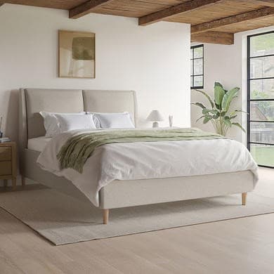 Beige Fabric Ottoman Bed with Pillow Headboard and Legs - Clifton