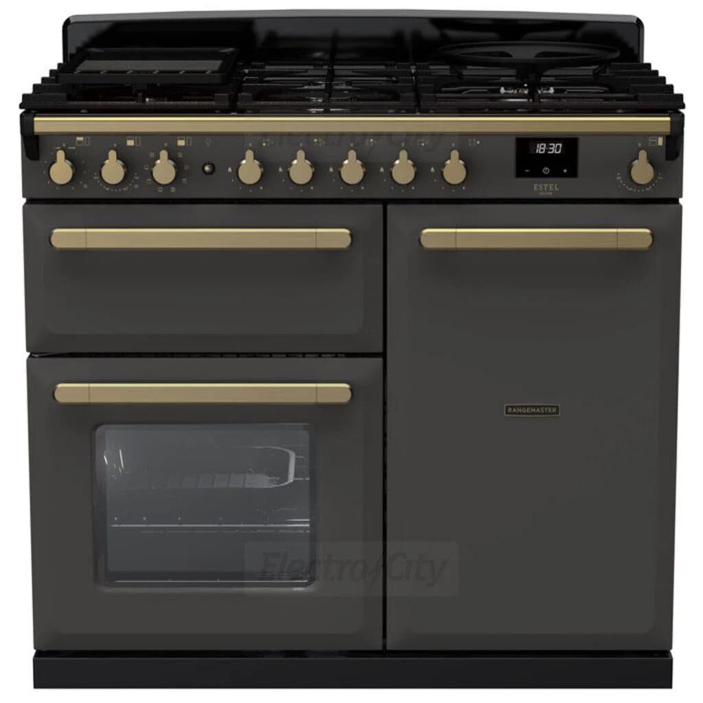 Rangemaster Estel Deluxe 100cm Dual Fuel Range Cooker | Slate with Brass Trim