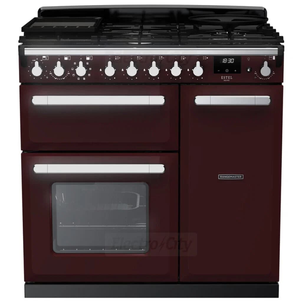 Rangemaster Estel Deluxe 90cm Dual Fuel Range Cooker | Bordeaux with Chrome Trim