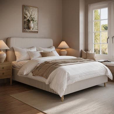 Cream and Beige - Striped Upholstered Ottoman Storage Bed with Curved Headboard - Farrow