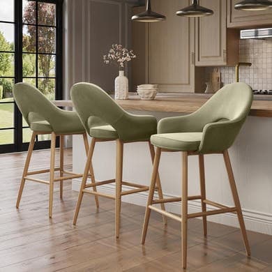 Set of 3 Oak and Sage Green Velvet Kitchen Stools with Back - Colbie
