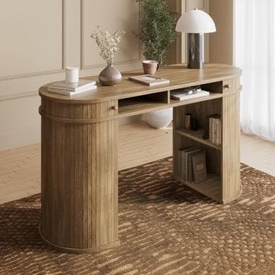 Oak Curved Office Desk with Sliding Doors - Breuer
