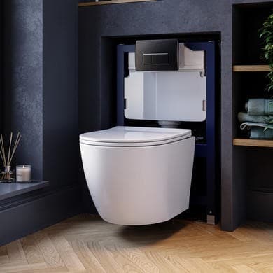 Wall Hung Rimless Toilet with Soft Close Seat, Gunmetal Pneumatic Flush Plate, 820mm Frame & Cistern – Roma