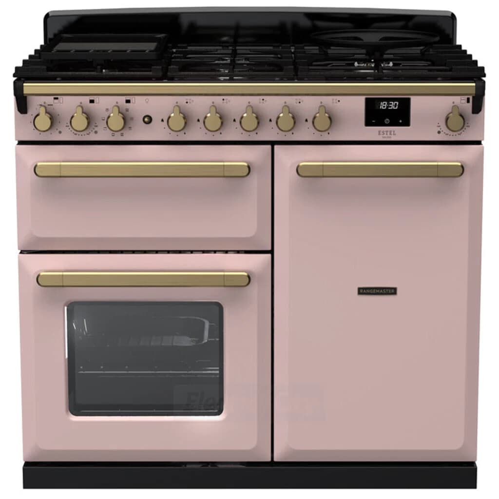 Rangemaster Estel Deluxe 100cm Dual Fuel Range Cooker | Pale Pink with Brass Trim