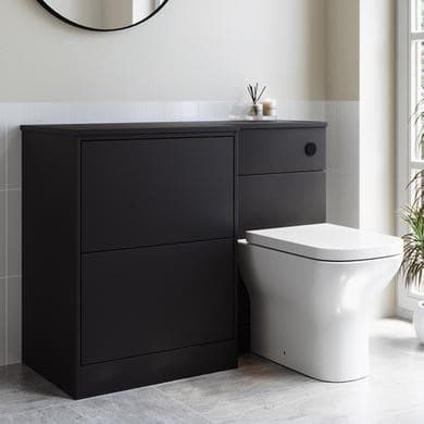 1100mm Black Left Hand Toilet and Sink Unit with Round Toilet and Matt Black Push Button - Palma