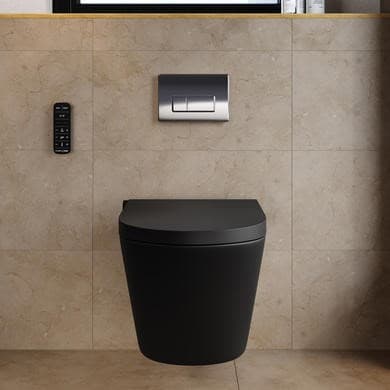 Matt Black Wall Hung Smart Bidet Japanese Toilet & 820mm Frame Cistern with Polished Chrome  Pneumatic Flush Plate - Purificare
